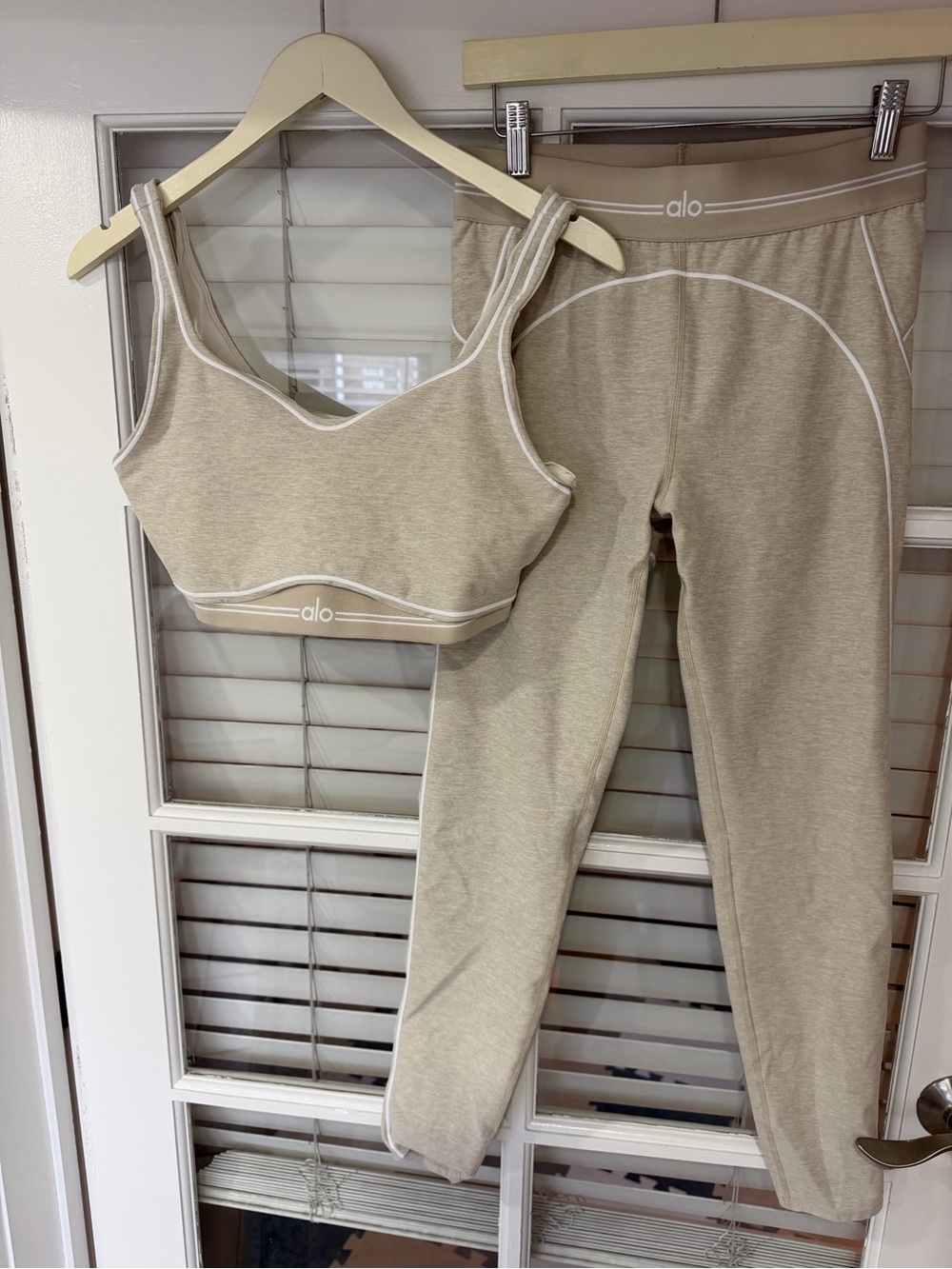 ALO Yoga Beige Sports Bra and High-Rise Leggings Set